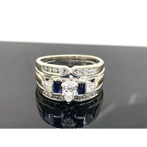 Wedding Set Diamond Blue Sapphire 14K White Gold Engagement Ring Band Size 5.25